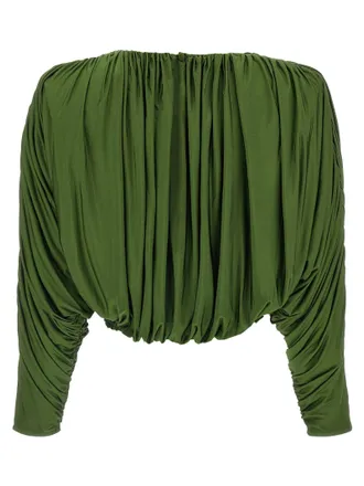 Self Portrait Draped Bat Sleeve Blouse - Olive Green
