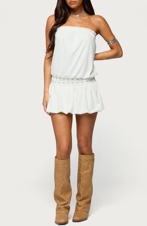 Edikted Layton Studded Strapless Bubble Hem Minidress in White at Nordstrom, Size X-Small