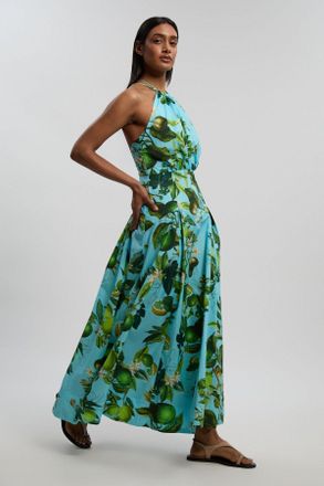 Karen Millen Womens Lime Print Cotton Halter Neck Woven Midi Dress With Dropped Waist Detail - Multicolour - Size 14 UK