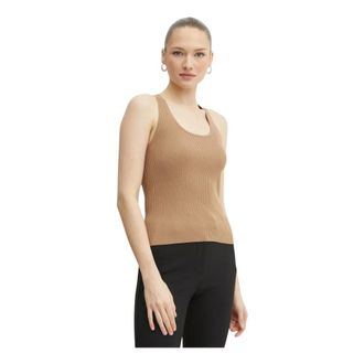 Michael Kors Tops, Dames, Beige, L, Ribgevoerde tanktop met ronde hals