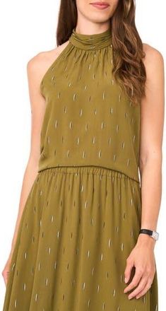 Halogen Embroidered High Neck Sleeveless Top in Olive Moss at Nordstrom Rack, Size X-Large
