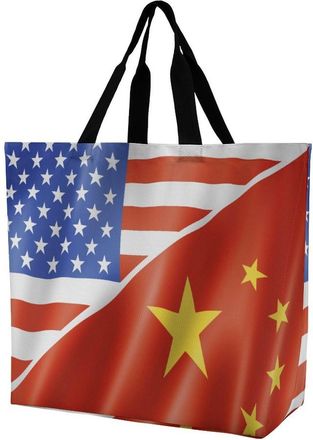 Generic U.S. And China Flag Large Reusable Shopping Bag Lightweight Foldable Tote Bags Washable Shoulder Handbag