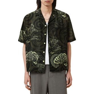 AllSaints Sidewinder Dragon Print Viscose & Linen Camp Shirt in Kelp Green at Nordstrom Rack, Size Xx-Large