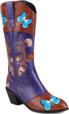 Generic Womens Round Toe PU Leather Long Boots Mid Block Heel Mid-Calf Boots Pull on Cowboy Boot with Embroidery Stitched,Brown,9.5 UK