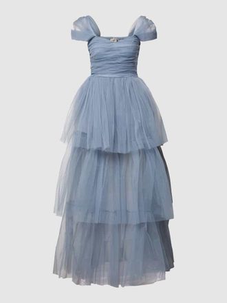 Lace & Beads Abendkleid im Off-Shoulder-Design in Rauchblau, Gr&ouml;&szlig;e S