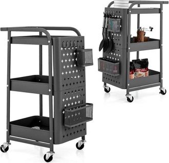 Costway Costway Carro De Almacenamiento 3 Niveles, Carro Organizador De Utensilios Con Doble Placa De Madera Para Bricolaje, 2 Cestas, 4 Ganchos, Asa Y Ruedas