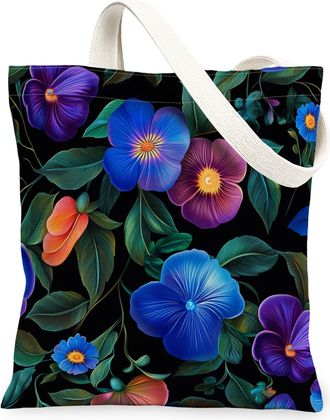Generic Spring Periwinkle Flower Canvas Tote Bag for Shopping 13x15, Vintage Retro Florals Reusable Grocery Print Bag for Women, Fun Aesthetic Beach Aesthetic