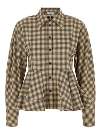 Ganni Beige Check Flannel Peplum Cotton Shirt