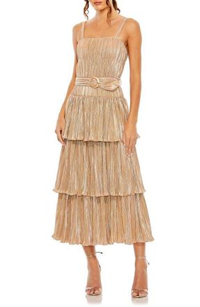 Mac Duggal Square Neck Metallic Pliss&eacute; Dress with Buckle Detail in Gold at Nordstrom, Size 8