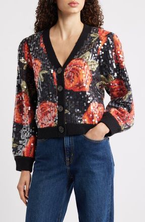 Farm Rio Latin Roses Sequin Knit Cardigan in Black at Nordstrom, Size Xx-Small