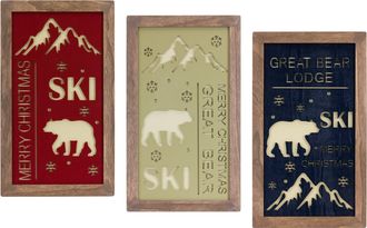 Melrose International Ski Lodge Plaque Wall Art (Set of 3) - Red, Blue, Green