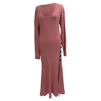 Self Portrait Knitted Scoop Neck Midi Dress in Pink Cotton