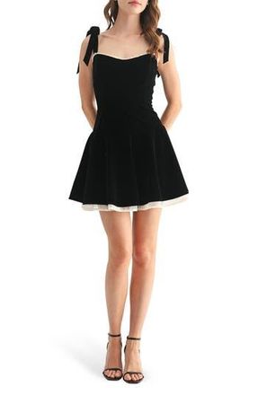 Lush Tie Strap Lace Trim Fit & Flare Minidress in Black at Nordstrom Rack, Size Medium