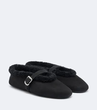 Alaia Ala&iuml;a Shearling-trimmed suede Mary Jane flats
