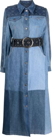 Marine Serre belted panelled denim coat - women - Cotton - 36 - Blue