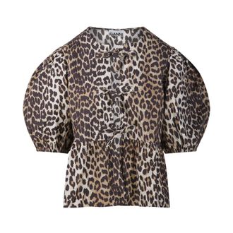 Ganni Shirts, female, Brown, Size: 2XS Printed Cotton Poplin Peplum Blouse