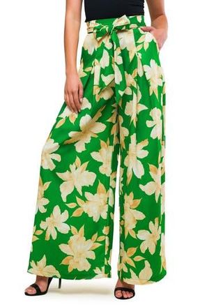 Flying Tomato Floral High Waist Wide Leg Pants in Green Gold at Nordstrom Rack, Size Medium
