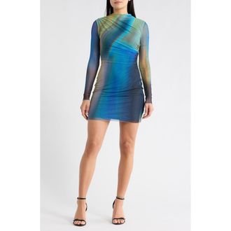Desigual Printed Ruched Long Sleeve Minidress in Blue at Nordstrom Rack, Size X-Small