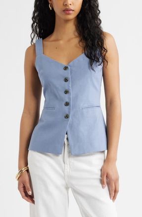 Open Edit Button Front Linen Blend Tank in Blue Umbra at Nordstrom, Size Xx-Small