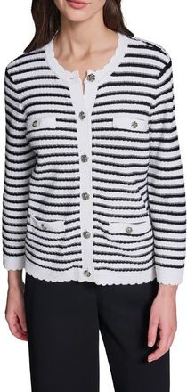 Karl Lagerfeld Stripe Cotton Blend Cardigan in Soft White/Black at Nordstrom, Size X-Large