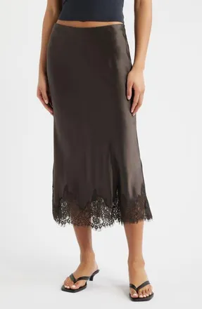Reformation Carolina Lace Trim Silk Midi Skirt in Black Pearl at Nordstrom, Size X-Large