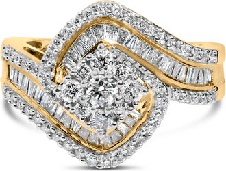 House of Brilliance 14K Yellow Gold 1.0 Cttw Baguette & Brilliant-Cut Diamond Round Floral Cluster Engagement or Fashion Ring with Swirl Wrapped Triple Row Band