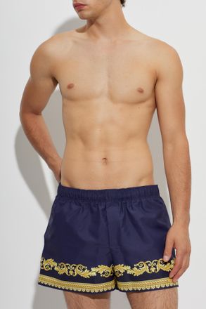 Versace Swim Shorts With Print, Mens, Navy Blue