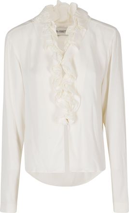 Alberta Ferretti Ivory Georgette Lace Trimmed Ruffled V-Neck Viscose Blouse