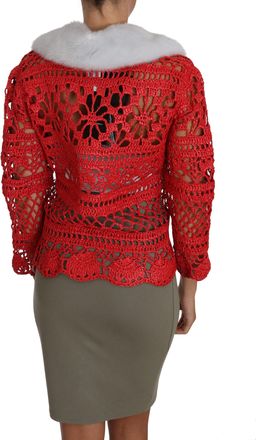 Dolce & Gabbana Red Cardigan Crochet Knit Raffia Womens Sweater