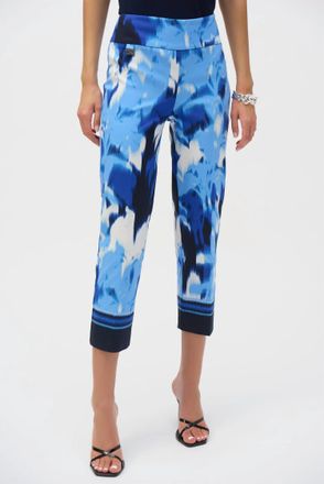 Joseph Ribkoff Tropical Print Pull On Cropped Pants In Blue/vanilla