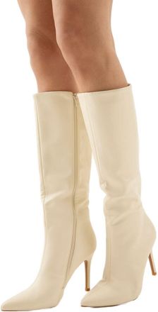Misspap Faux Leather Pointed High Stiletto Heel Knee Boots, 4, Beige