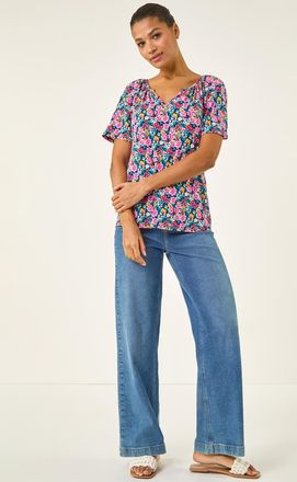 Roman Floral Gathered V-Neck Stretch Top