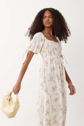 Wednesday's Girl Vestito al polpaccio punto smock a balze beige a fiori con dettagli arricciati-Neutro