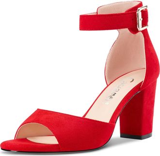 Castamere Women Chunky Block Mid Heel Peep Open Toe Ankle Strap Sandals Red Suede 9.5 UK