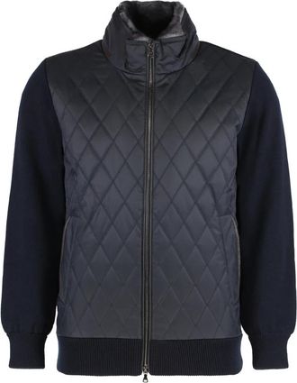 Paul & Shark Gewatteerd Gebreid Jack met Leren Details - Heren - Winterjassen - Blauw - 4XL - Leer - Jassen
