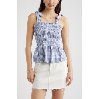 BP. Gingham Shirred Linen Blend Top in Blue- White Demi Gingham at Nordstrom, Size Xx-Small