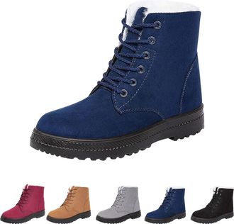Generic Winter Snow Boots for Women, Non-Slip Lace Up Outdoor Short Ankle Booties, Warm Fleece Lined Chunky Heel Womens Walking Shoes for Winter (Blue,7.5)