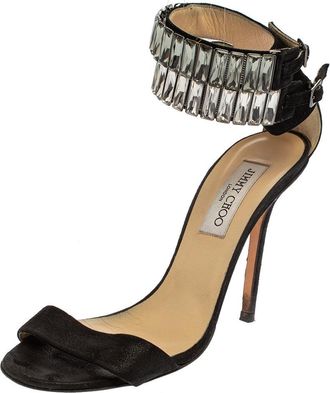 Jimmy Choo London Black Glitter Nubuck Crystal Embellished Ankle Cuff Sandals