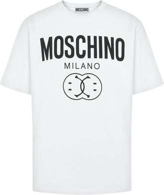 Moschino Mens Moschino Milano Double Smiley Logo White T-Shirt - Size: 34