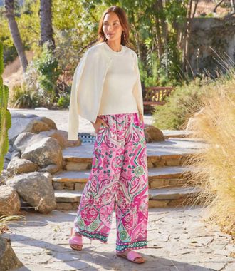 Karen Kane Wyndy Wide Leg Pants In Pink And Green Multicolor Print