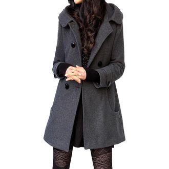 Generic Women Winter Jacket Double Breasted Wool Blend Warm Coats Warm Thicken Long Trench Coat with Hood