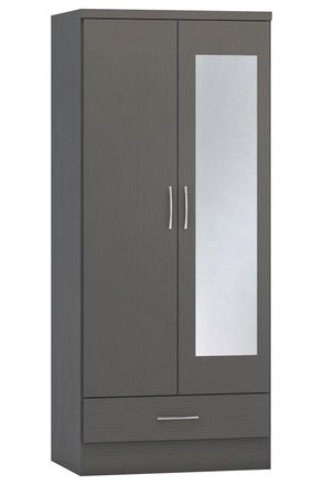 Seconique Nevada Mirrored 2 Door 1 Drawer Wardrobe in Dark Grey