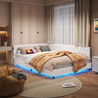 OEM Estructura De Cama 140x200 De Terciopelo Beige Con Led 360&deg; Y Puerto Usb, Somier De Lamas Y Cabecera - Contempor&aacute;neo