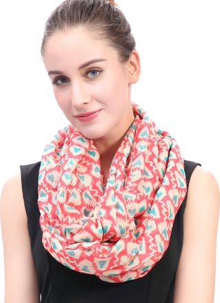 Lina & Lily Heart Print Lightweight Snood Scarf (Beige, Red, Blue)
