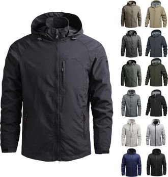 Generic Mens Waterproof Jackets,Lightweight Windbreaker Softshell Jacket,Full Zip Detachable Hood Outdoor Raincoat with Pockets,Solid Color Loose Casual Mens 