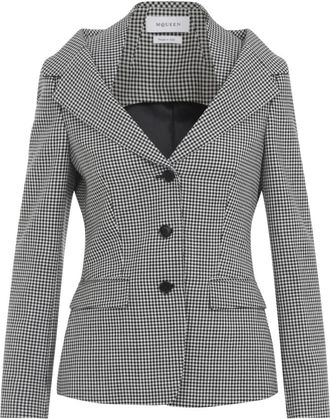 Alexander McQueen Jassen, Dames, Veelkleurig, S, Wol, Gingham Check Off-Shoulder Harness Jas