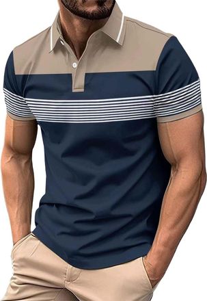 Generic Mens Polo Shirt Short Sleeve Casual Summer Color Matching Striped T Shirt with Chest Pocket and Half - Zip Regular Fit Breathable Golf Business Top (0