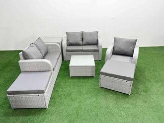 Fimous High Back Poly Rattan Garden Furniture Set w/ Reclining Chair Loveseat Sofa Square Coffee Table Indoor Outdoor Patio Set 2 Big Stool Side
