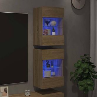Berkfield Home TV Wall Cabinets with LED Lights 2 pcs Sonoma Oak 40x30x60.5 cm in Light Tan