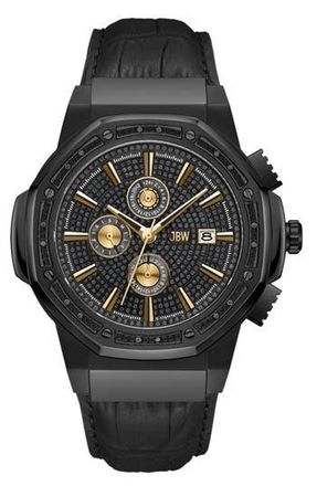 JBW Saxon Diamond Croc Embossed Leather Strap Watch, 44mm - 0.08 ctw in Ip Black at Nordstrom Rack